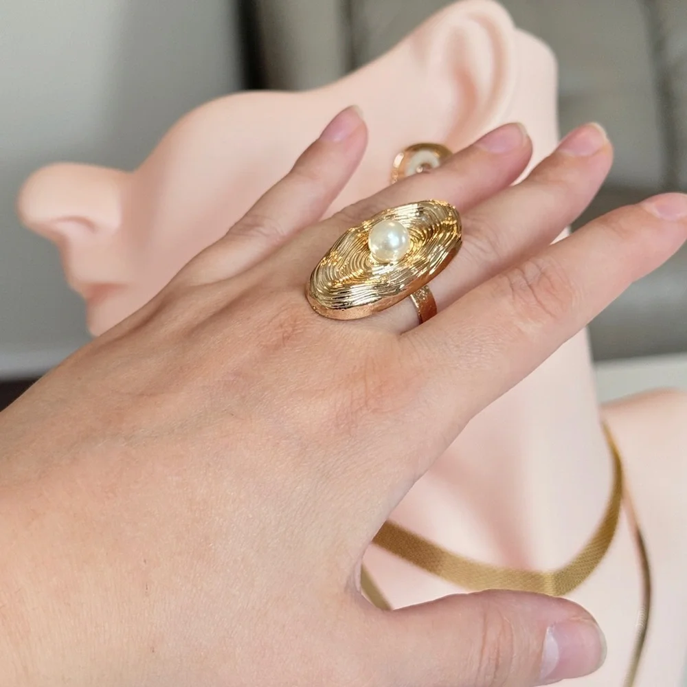 Gold Textured Ring with White Pearl - Women Jewelry